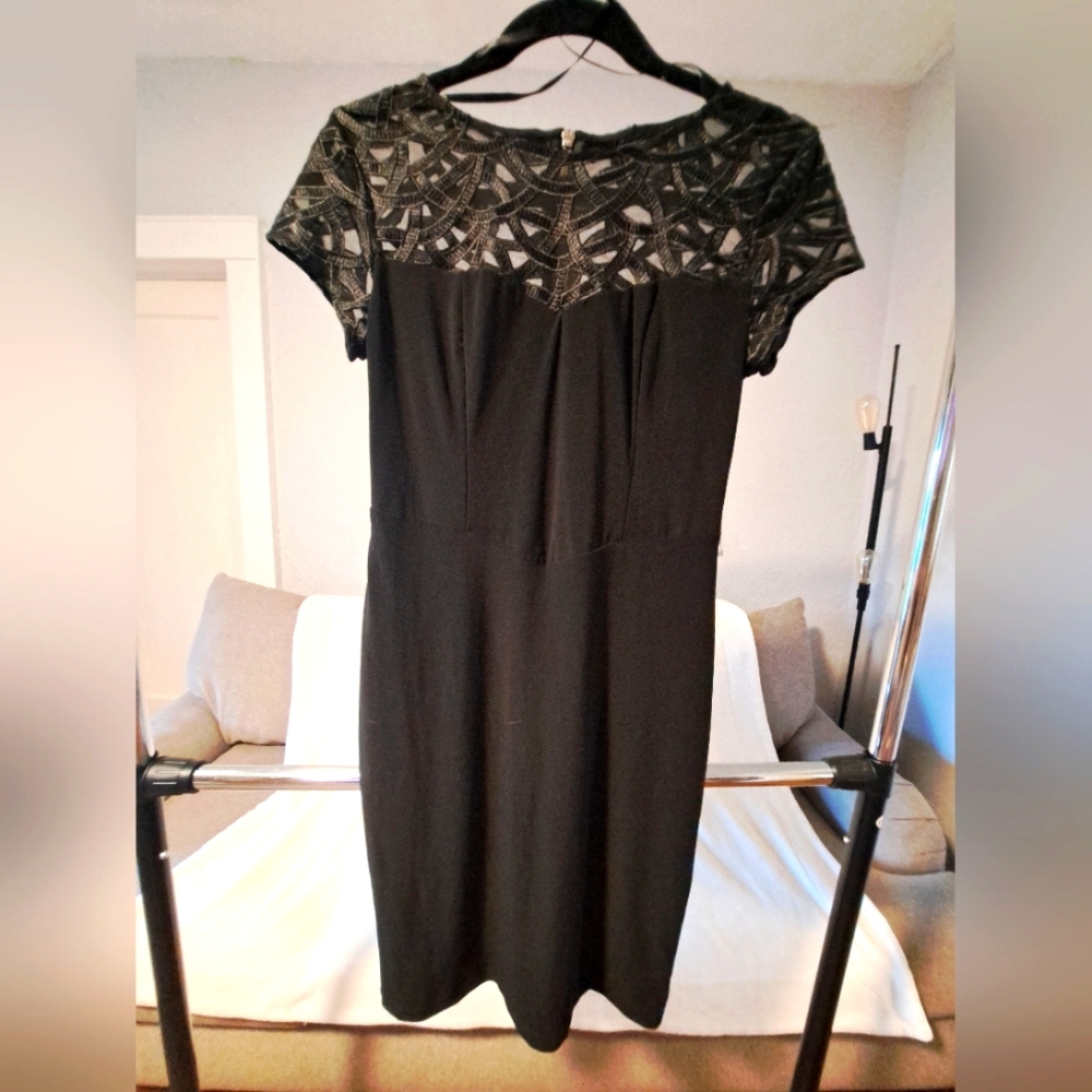 Size 4, fits a 6 too, Black dress with zipper back, embroidered chest detailing